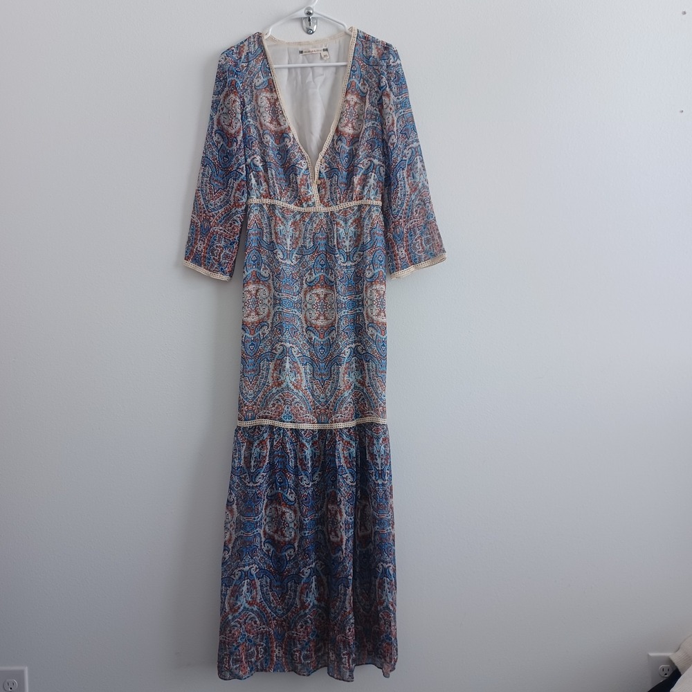 Chelsea & Violet Embroidered Boho Maxi Dress Womens M Blue Paisley Floral Winery